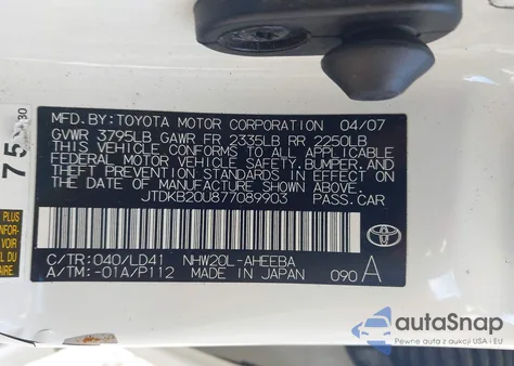 2007 Toyota Prius z USA, uszkodzony, nr VIN JTDKB20U877089903